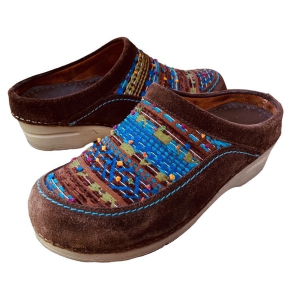 Dansko Shoes - Dansko Brown Suede Mystique Aztec Embroidered Chunky Clog Slides EU 37 US 6.5/7